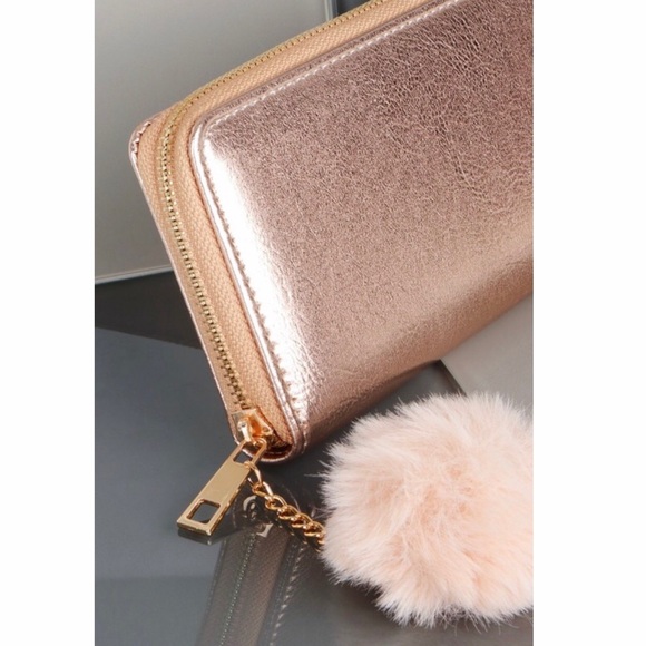 shopBossyJocey Handbags - Elle Metallic Rose Gold Zipper Wallet w/ Pom Pom